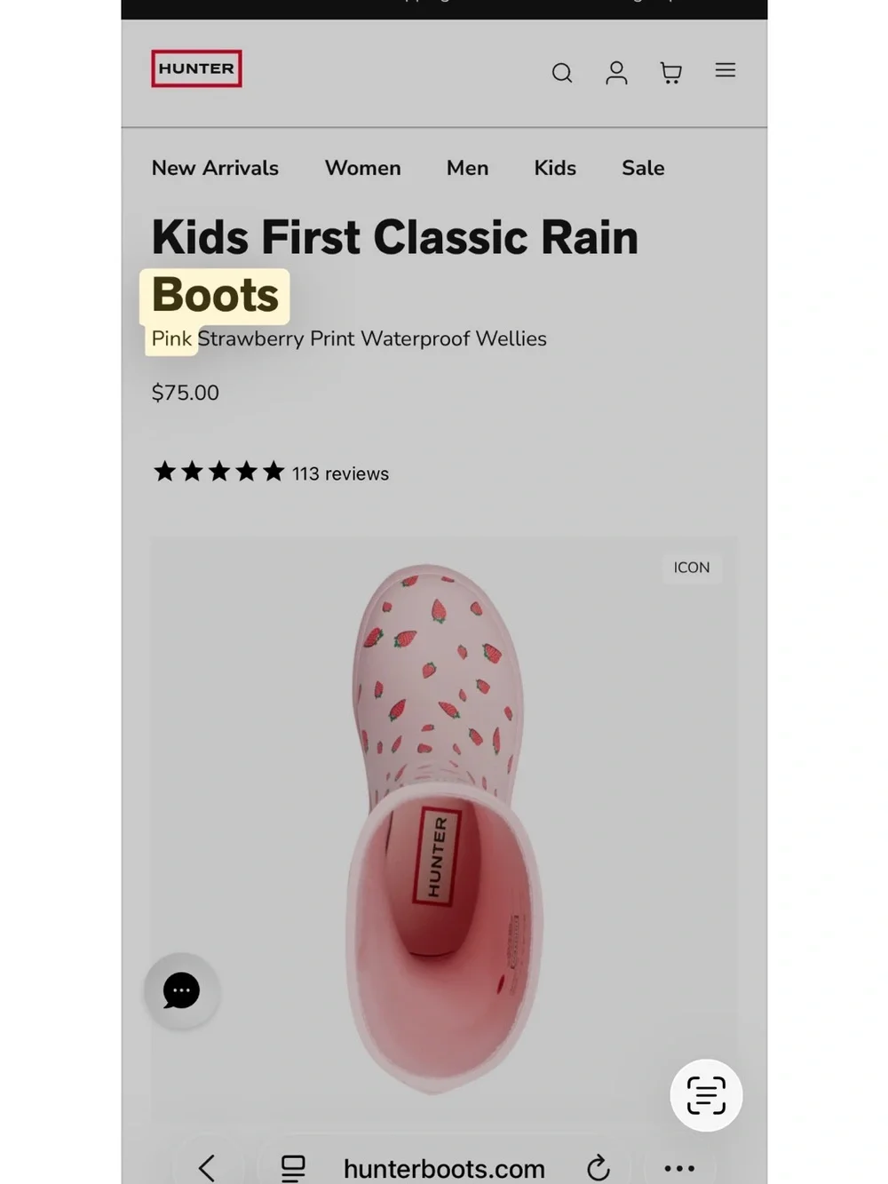Hunter Kids Pink Rain Boots with Strawberry Print